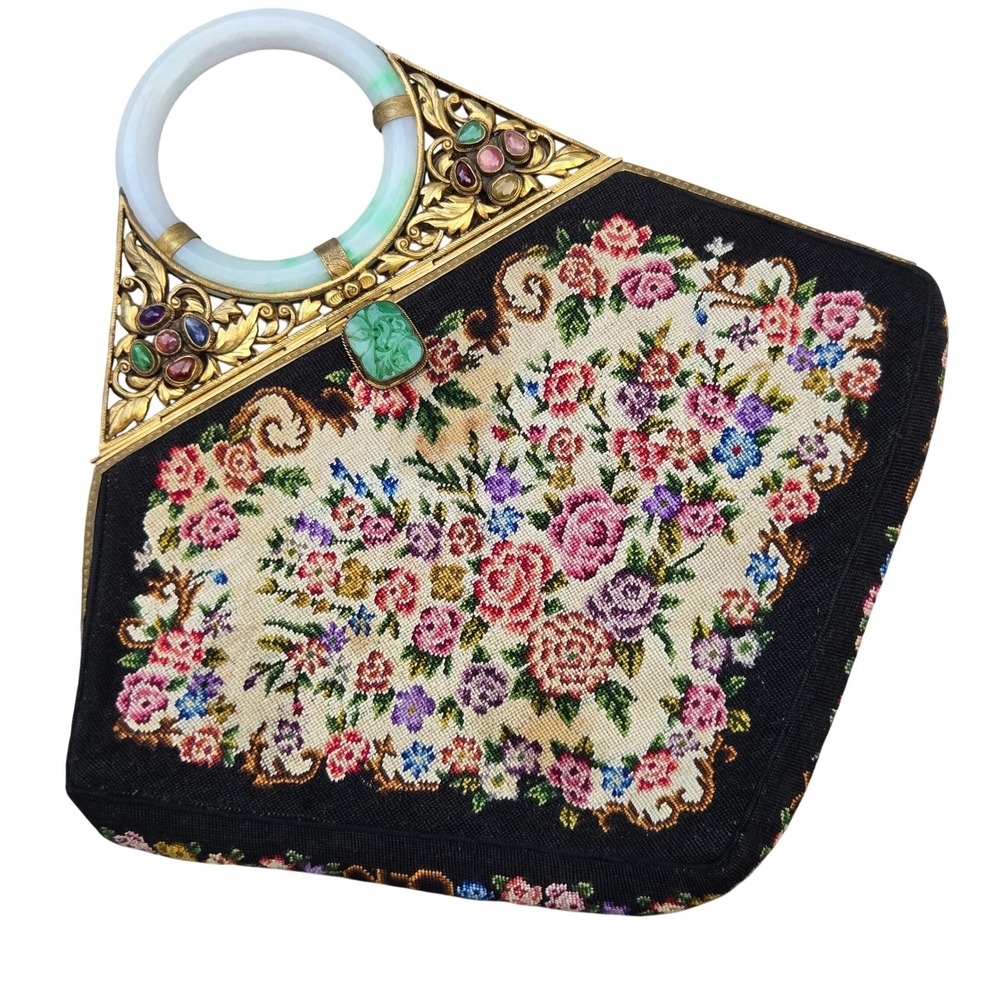 Vtg Jade Like Bangle Handle Petit Point Bag Handbag Filigree Clasp Tapestry READ